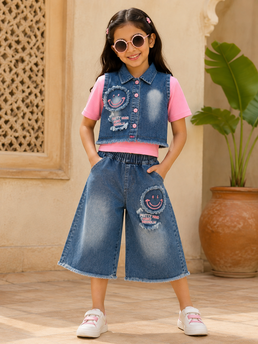 Girls Denim Crop Jacket & Wide-Leg Capri Pants Set – Blue & Pink
