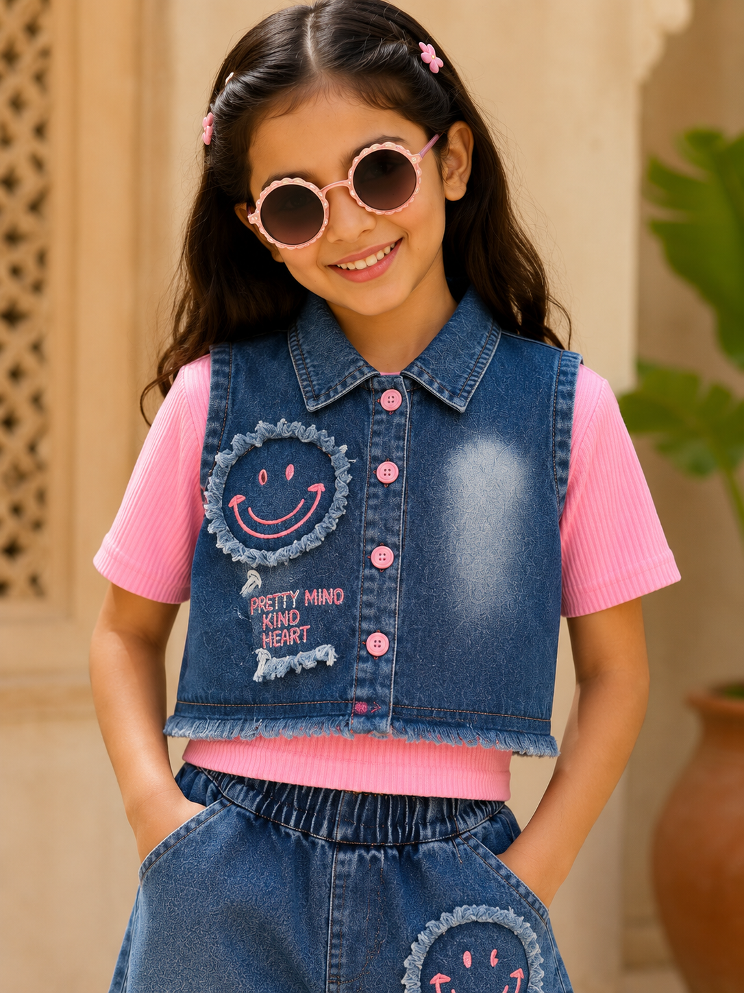 Girls Denim Crop Jacket & Wide-Leg Capri Pants Set – Blue & Pink