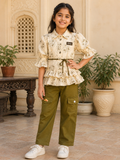 Girls Floral Printed Shirt with Cargo Pants Set – Olive Green