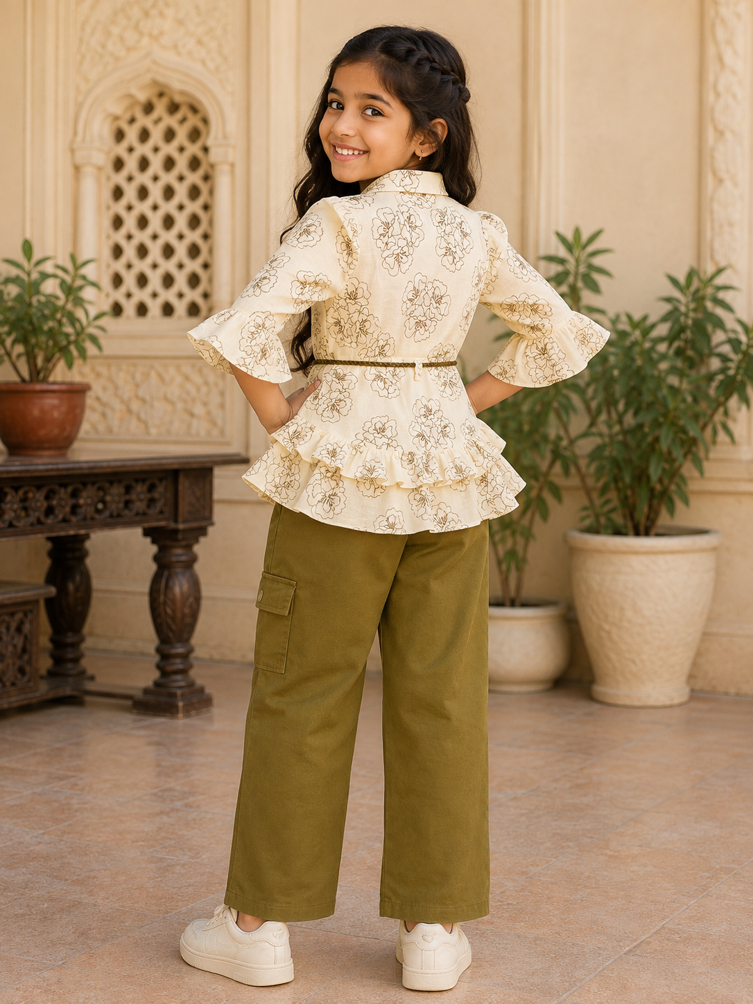 Girls Floral Printed Shirt with Cargo Pants Set – Olive Green