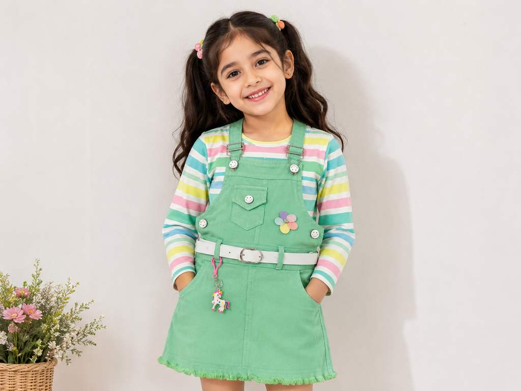 Girls Mint Green Denim Dungaree Dress with Striped Full-Sleeve T-Shirt