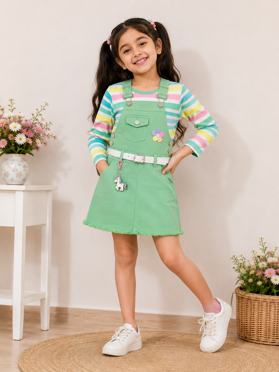 Girls Mint Green Denim Dungaree Dress with Striped Full-Sleeve T-Shirt