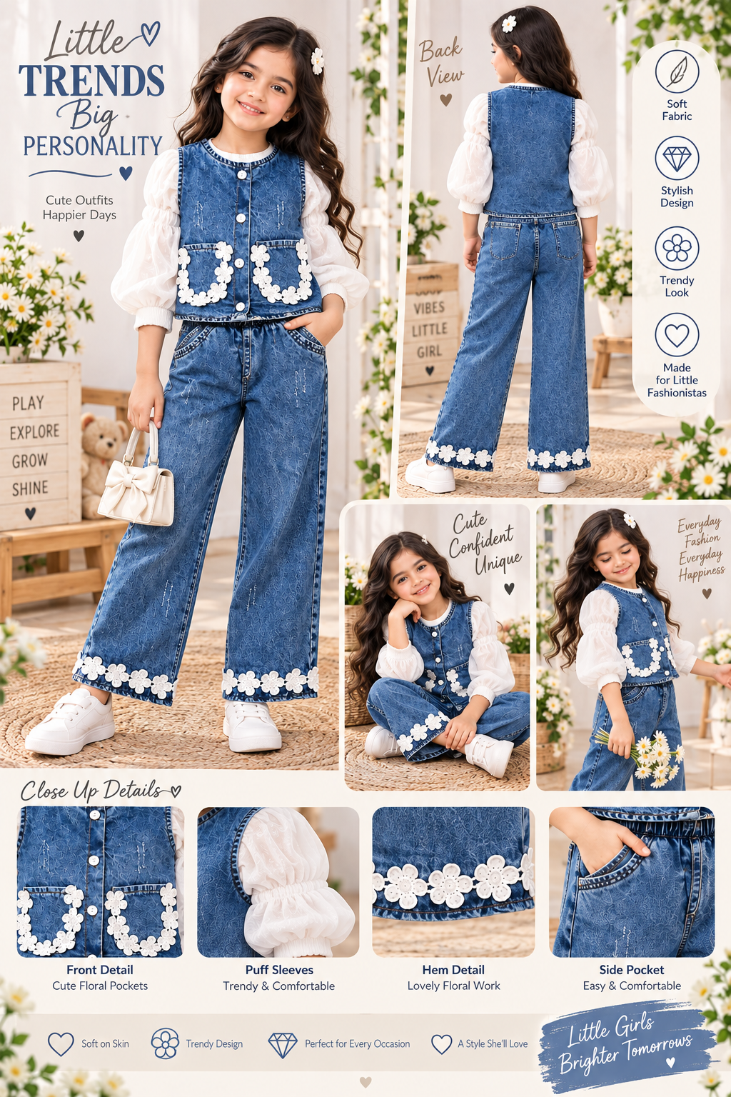 Girls Denim Co-Ord Set with Floral Pocket & Wide-Leg Jeans