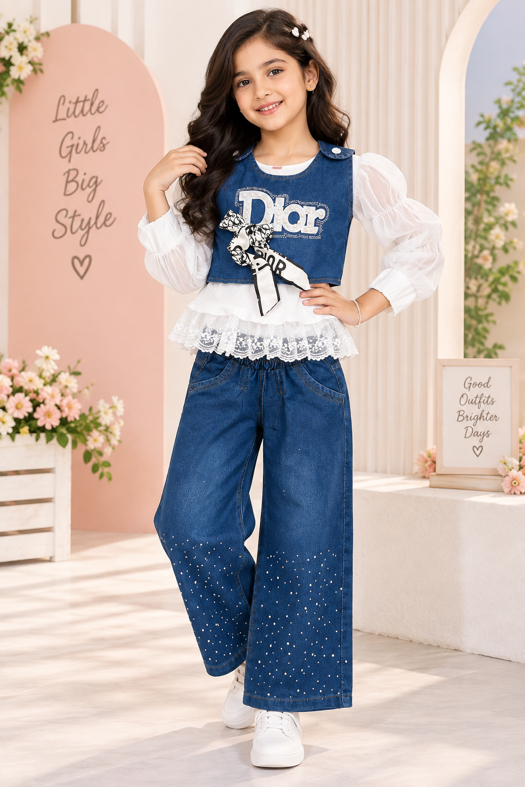Girls Denim Co-Ord Set with White Puff Sleeve Top & Wide-Leg Jeans