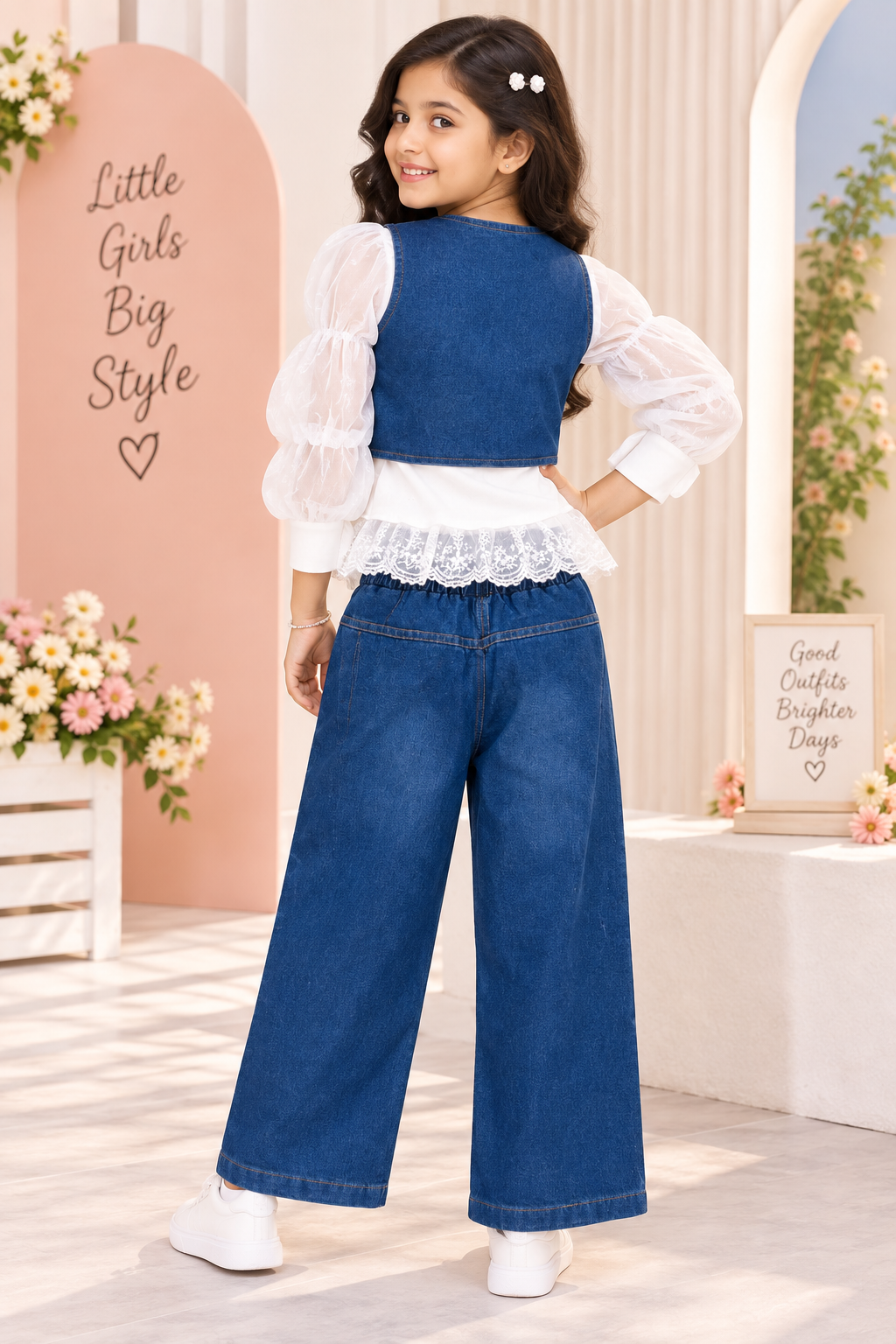 Girls Denim Co-Ord Set with White Puff Sleeve Top & Wide-Leg Jeans