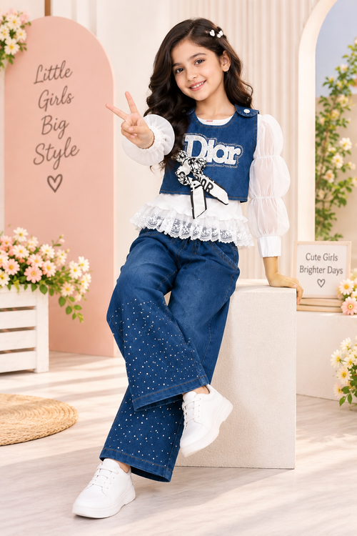 Girls Denim Co-Ord Set with White Puff Sleeve Top & Wide-Leg Jeans