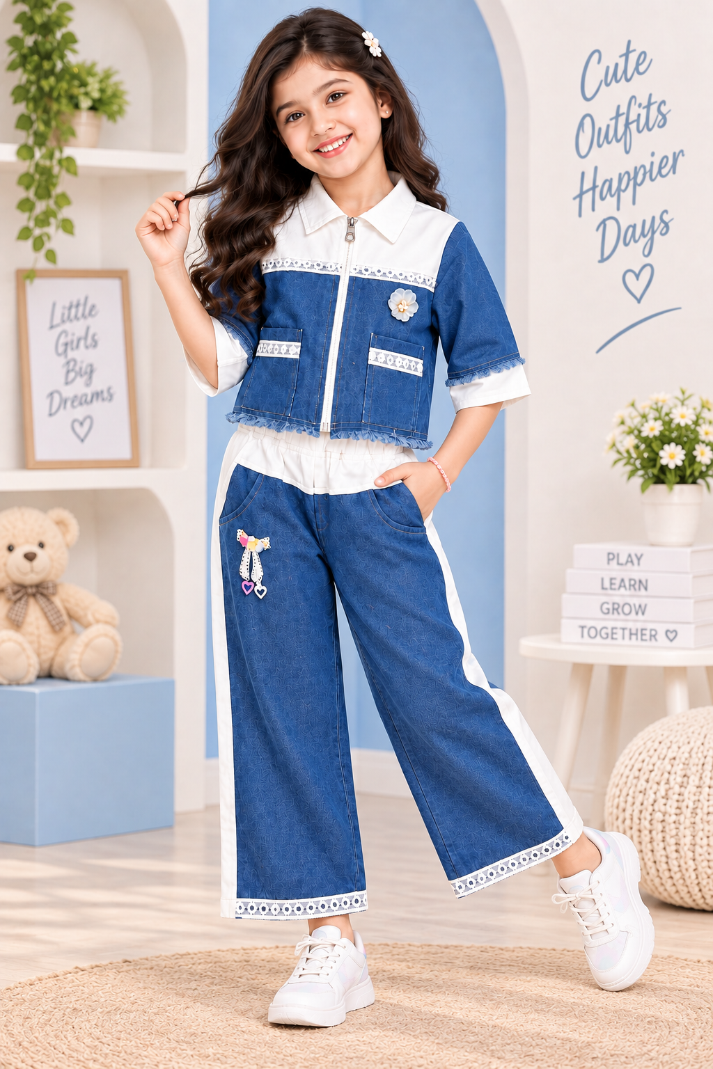 Girls Blue Denim Co-Ord Set with Jacket & Wide-Leg Pants