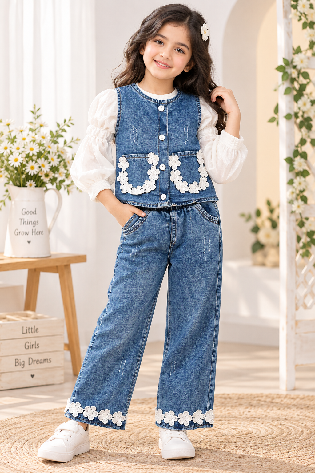 Girls Denim Co-Ord Set with Floral Pocket & Wide-Leg Jeans
