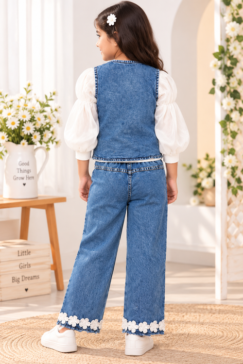 Girls Denim Co-Ord Set with Floral Pocket & Wide-Leg Jeans