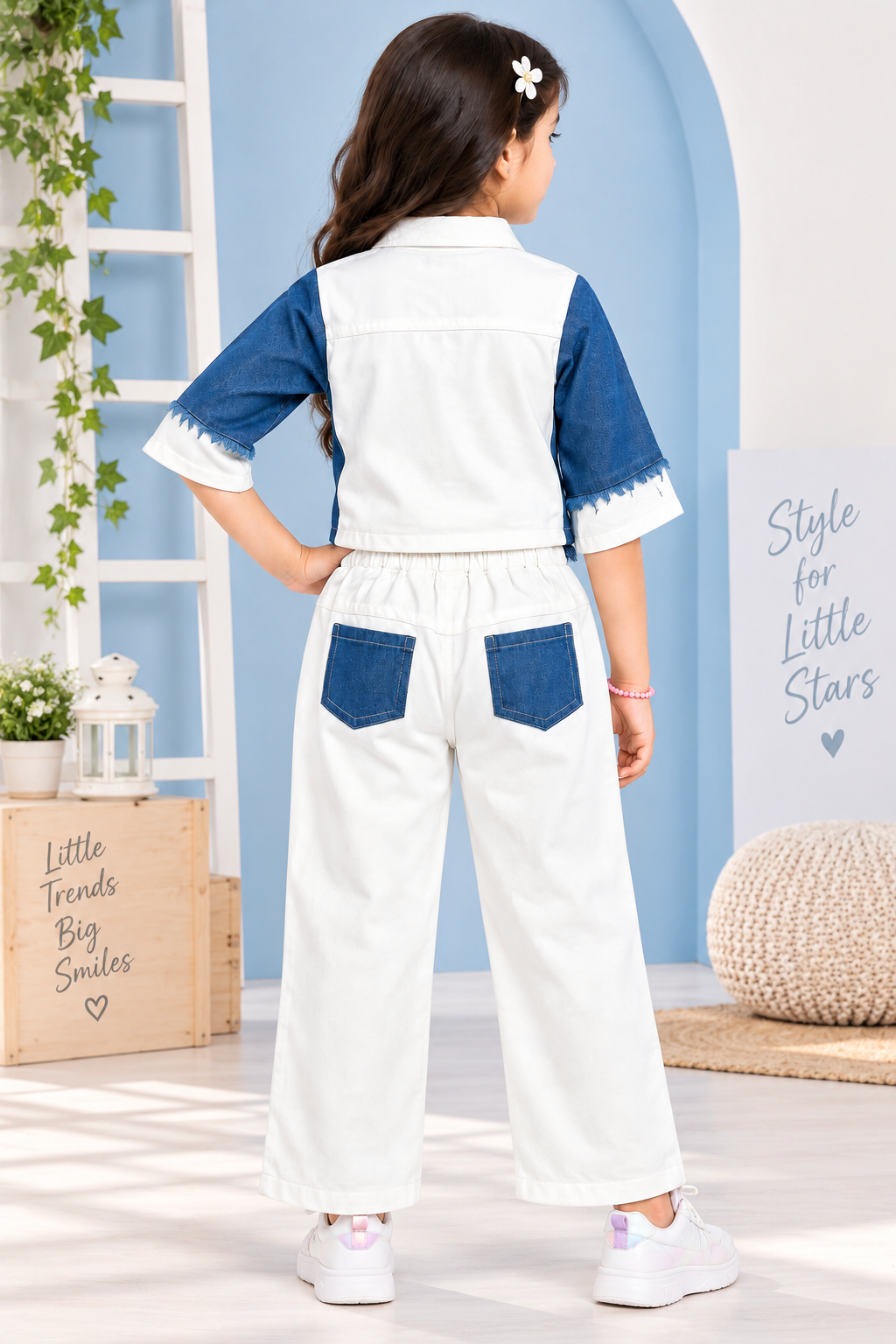 Girls Blue Denim Co-Ord Set with Jacket & Wide-Leg Pants